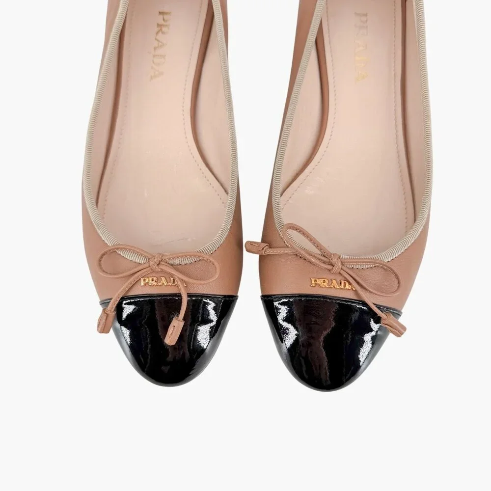 Prada Beige Black Cap Toe Logo Ballet Flats Leather Size 38 US 8 Women Two Tone - Picture 3 of 15